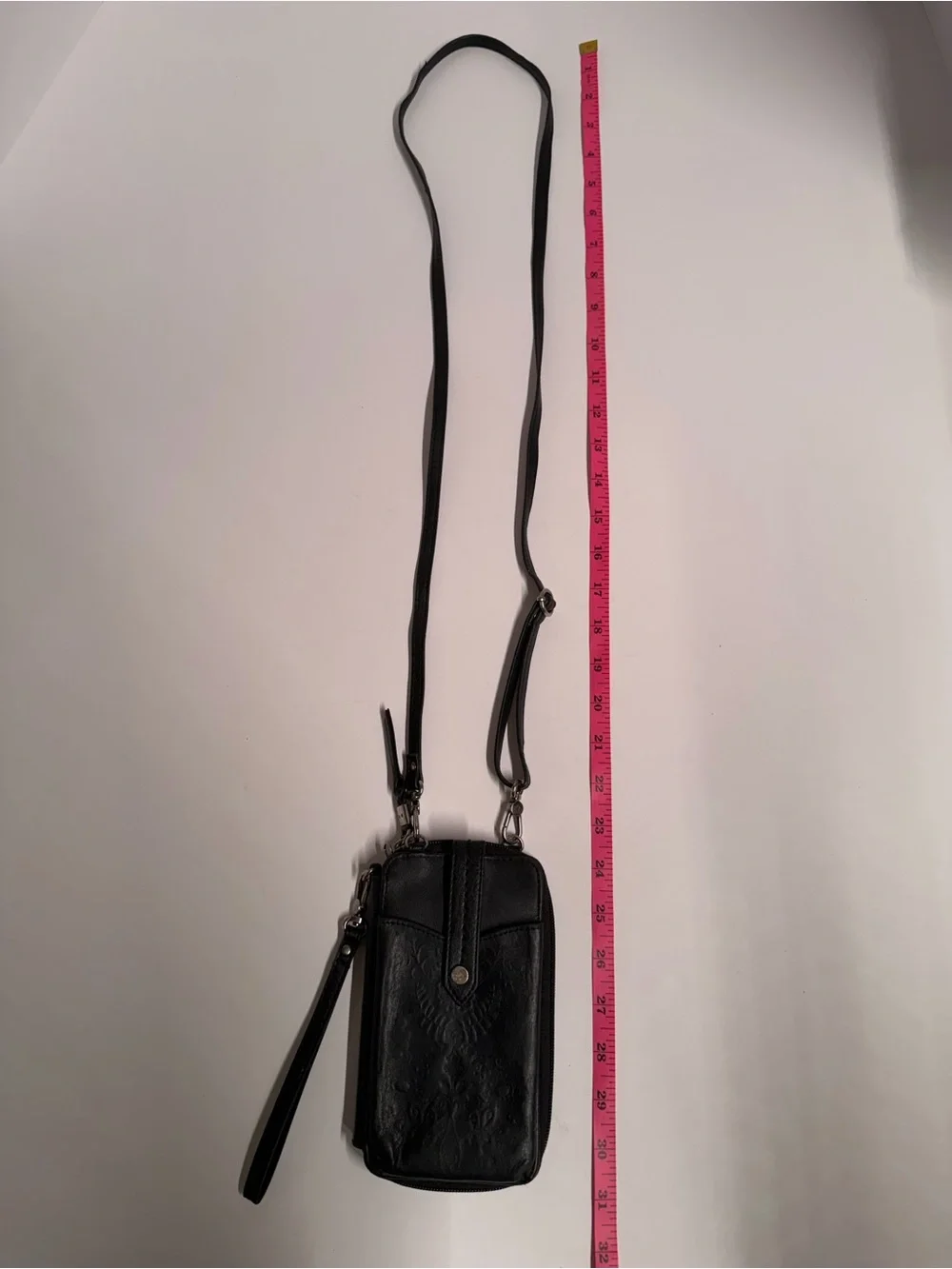 The Sak Black Leather Phone Crossbody Wallet Wristlet Embossed Floral Organizer